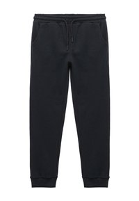 Schwarze Jogginghosen aus strukturiertem Stoff mit elastischem Bund und Kordelzug, seitlichen Taschen und schmal zulaufenden Beinen.