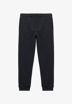 Schwarze Jogginghosen aus strukturiertem Stoff mit elastischem Bund und Kordelzug, seitlichen Taschen und schmal zulaufenden Beinen.