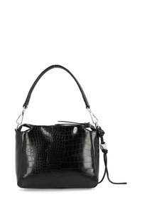 Borsa nera lucida con texture a coccodrillo, manico corto e robusto, ganci in metallo e un nodo decorativo con un cubo d'argento sul lato.