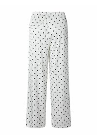 Pantalon blanc à jambes larges avec des pois noirs et une taille élastique, vu de dos sur un fond blanc.