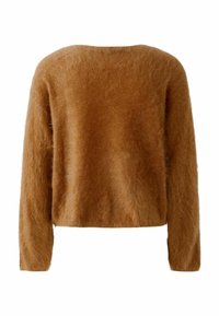 Brauner, flauschiger Pullover mit langen Ärmeln und rundem Halsausschnitt. Er besteht aus weichem Material, hat ein verkürztes Design und keine sichtbaren Verzierungen.