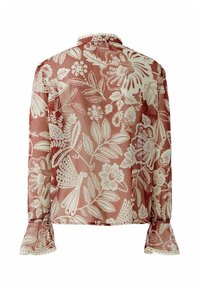 Langärmlige, durchsichtige Bluse mit weißen Blumen- und Vogelmustern auf staubrosafarbenem Hintergrund, mit Spitzenbesatz an Ärmelbündchen und Kragen.