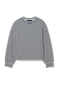 Top a maniche lunghe a righe realizzato in morbido cotone. Presenta righe orizzontali bianche e blu navy, un colletto rotondo e maniche leggermente puffate.