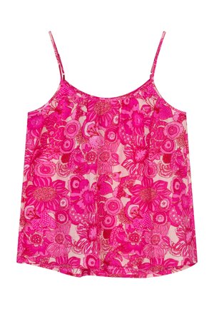 Roze bloemenmouwloze top met dunne verstelbare bandjes, met een dicht patroon van verschillende helderroze bloemen en bladeren.