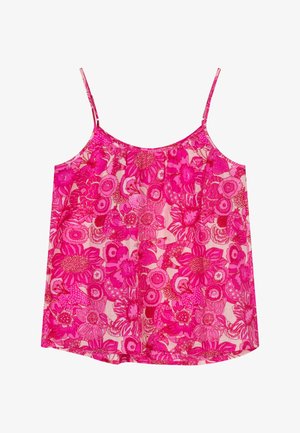 Roze bloemenmouwloze top met dunne verstelbare bandjes, met een dicht patroon van verschillende helderroze bloemen en bladeren.