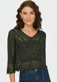 Pull en tricot vert avec décolleté en V, manches 3/4 et motifs en dentelle complexes. Présente des bords festonnés et un design court.