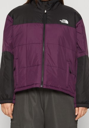 Kobieta nosząca fioletowo-czarną puchową kurtkę North Face z zamkiem z przodu i elastycznymi mankietami, w połączeniu z ciemnymi spodniami.