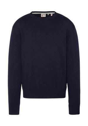 Maglione blu navy con scollo rotondo, maniche lunghe, polsini e orlo a costine, mostrato su sfondo bianco semplice.