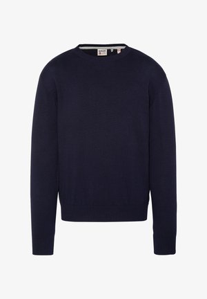 Mørkeblå crewneck sweater med lange ærmer, ribstrikkede manchetter og kant, vist på en ensfarvet hvid baggrund.