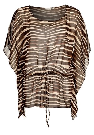 Brązowa i beżowa prześwitująca bluzka w paski zebry z szerokimi rękawami i sznurkiem w talii.