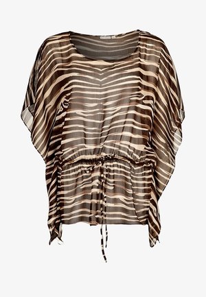Blusa trasparente a righe zebrate marrone e beige con maniche larghe e coulisse in vita.