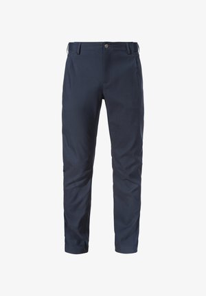 Navy blue trousers made of lightweight, durable fabric. Feature a slim fit, front pockets, and a zippered pocket on the side.