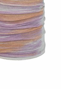 Fascia multiuso BUFF, realizzata con un tessuto misto testurizzato nei toni del viola, arancione e grigio, con un dettaglio discreto del logo.