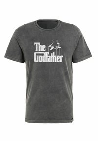Grå bomulds t-shirt med rund hals, prydet med "The Godfather" tekst og en marionetgrafik i hvid, der viser en vintage, slidt tekstur.