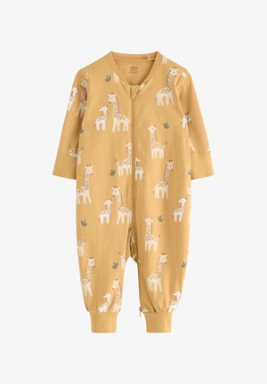 Geel katoenen rompertje met een speelse giraffe-print, lange mouwen, een ritssluiting aan de voorkant en elastische manchetten bij de enkels.