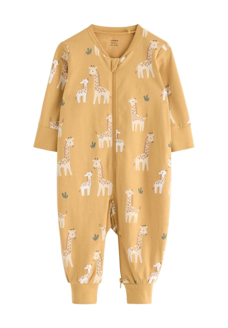 Un body en coton jaune avec un motif de girafe ludique, à manches longues, avec une fermeture éclair à l'avant et des poignets élastiques aux chevilles.