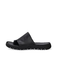 Sorte læderslide-sandaler med en bred rem og åben tå. Tekstureret gummisål med riller for bedre greb. Minimalistisk design med glat overflade.