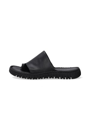 Black leather slide sandal with a wide strap and open toe. Textured rubber sole with ridges for grip. Minimalist design with smooth finish.