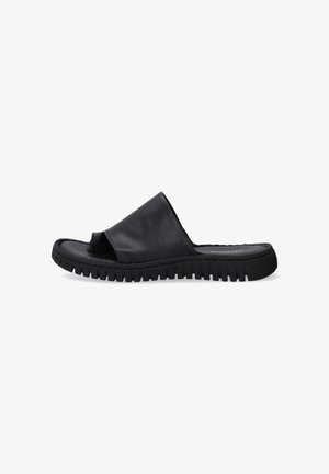 Schwarze Leder-Sandale mit breitem Riemen und offener Zehenpartie. Strukturiertes Gummisohle mit Rillen für besseren Halt. Minimalistisches Design mit glatter Oberfläche.