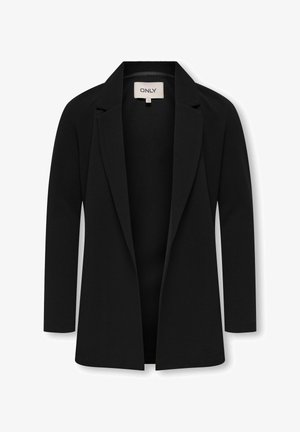 Blazer negro con diseño estructurado, mangas largas, solapas con muesca, parte delantera abierta y tela suave. Etiqueta visible en el interior del cuello.