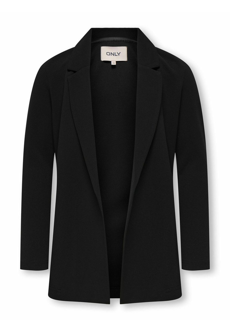 Black blazer with a structured design, long sleeves, notched lapels, open front, and soft fabric. Label visible inside collar.