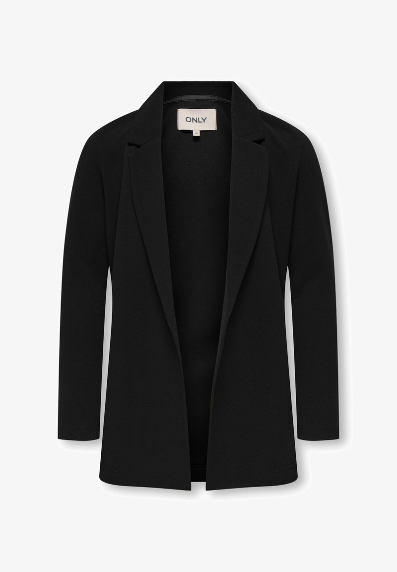 Black blazer with a structured design, long sleeves, notched lapels, open front, and soft fabric. Label visible inside collar.