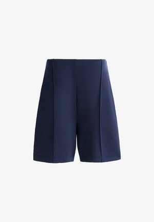Námornícke modré šortky vyrobené z textúrovanej látky, s vysokým pásom a štruktúrovaným strihom, s čistými líniami a jemnými záhybmi.