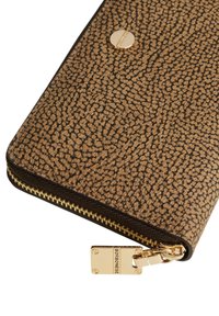 Brown textured wallet with a gold zipper and a metal logo accent. Features a pebble grain design and a smooth zip pull tab.