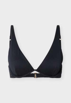 Melns ribots bikini tops ar regulējamām plecu lencēm un zelta tonī priekšējo aizdari uz vienkārša gaiša fona.