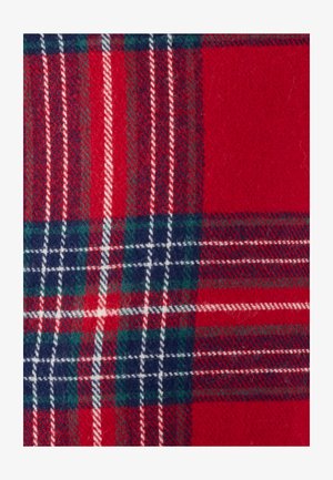 Tessuto a quadri rosso, verde e blu navy con una texture morbida; presenta linee bianche che si incrociano in un classico motivo a scacchi.