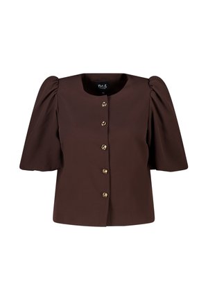 Blouse marron à manches courtes avec épaules bouffantes et cinq boutons dorés à l'avant, encolure ronde et ourlet droit.