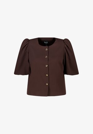 Bruine blouse met korte mouwen, opgeblazen schouders en vijf gouden knopen aan de voorkant, ronde halslijn en rechte zoom.