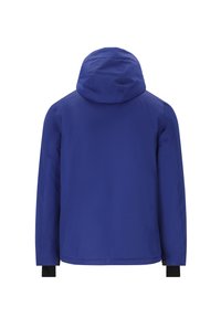 Blå isolerad jacka med huva, med en slät textur, långa ärmar och svarta detaljer vid muddar. Bakvy.