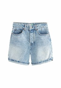 Lichtblauwe denim shorts met een ontspannen pasvorm. Kenmerken zijn de omgeslagen zoomranden, een vijf-pocket ontwerp en een knoopsluiting in de taille. Vervaagde wasstructuur.