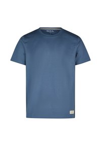 T-shirt en coton bleu marine à manches courtes, col rond et étiquette sur le bas à gauche, avec une texture lisse et uni.