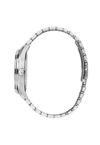 Armbanduhr aus Edelstahl mit einem schlanken, runden Gehäuse, einem verlinkten Armband und einer polierten Oberfläche. Verfügt über eine Krone mit einem Logo auf drei Uhr.