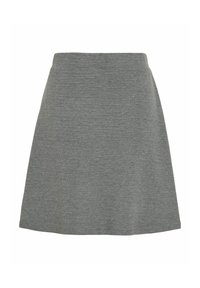 Jupe A-line grise en tissu texturé, présentant une taille haute et un design sans couture, sans fermetures ni embellissements visibles.