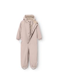 Lichtbeige, volledig rits sneeuwpak met een capuchon, elastische manchetten en enkelopeningen. Gemaakt van een gladde, waterafstotende stof.
