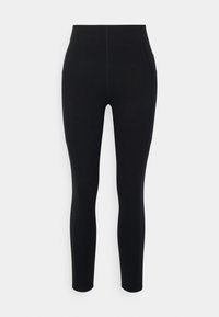 Schwarze hoch taillierte Leggings aus dehnbarem Material, mit seitlichen Taschen und glatten Nähten für ein schlankes Erscheinungsbild.