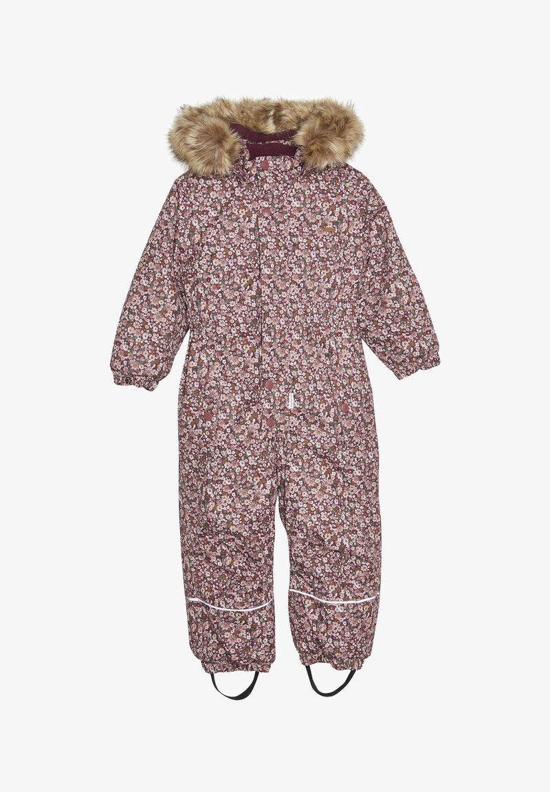 Floral patterned snowsuit in burgundy with a faux fur hood. Features elastic cuffs, zip closure, and foot loops for added security.