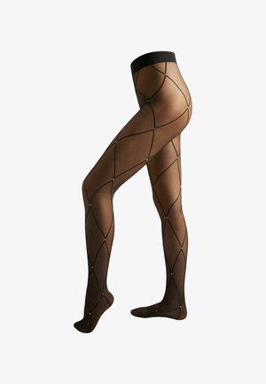 Czarne rajstopy w wzór diamentowy, ozdobione małymi okrągłymi akcentami, wykonane z przezroczystego materiału o miękkiej fakturze.