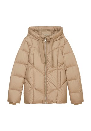 Beige dunjakke med hette, glidelås foran og strukturert chevronmønster. Den har elastiske mansjetter og snor ved halsen.