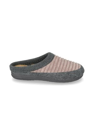 Pantofola slip-on con design a righe in lana rosa e grigia, con fodera morbida, suola in gomma grigio scuro e punta rotonda.