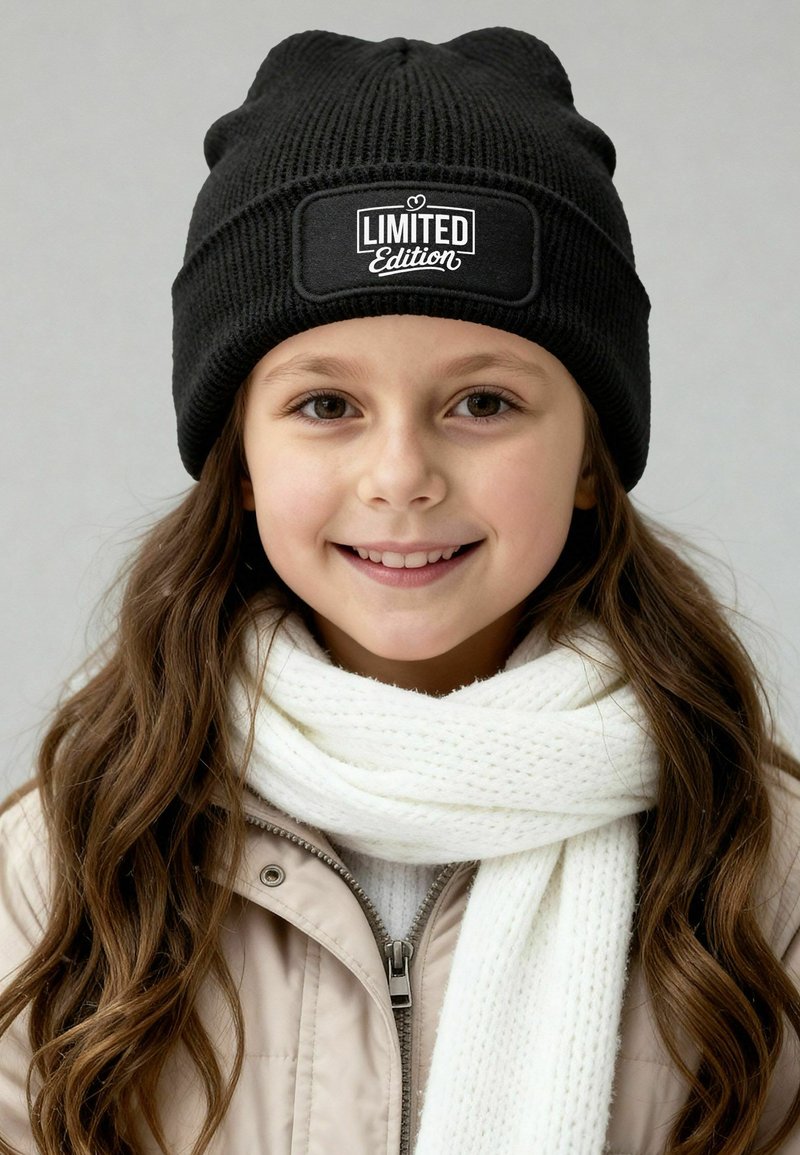 Black knitted beanie featuring a rectangular "LIMITED Edition" label, paired with a white textured scarf, set against a neutral background.
