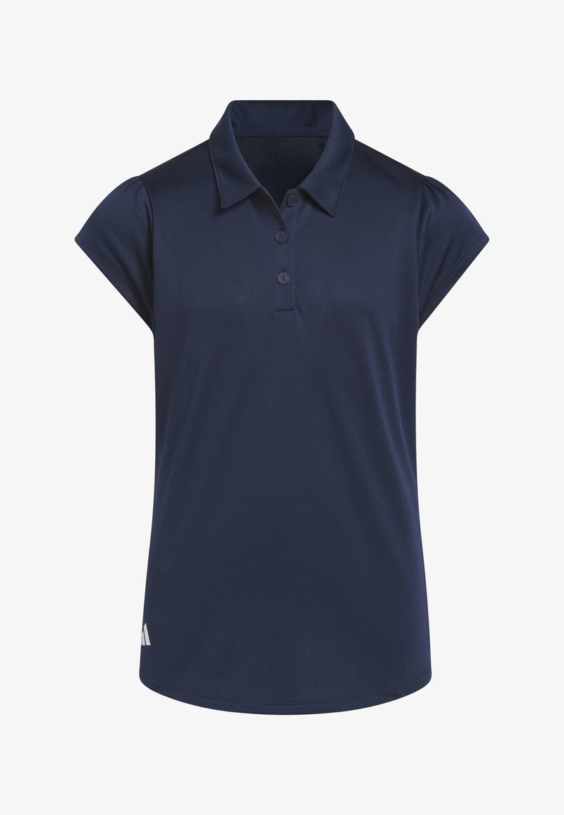 Polo bleu marine à manches courtes avec trois boutons et un petit logo blanc près de l'ourlet inférieur sur le côté gauche.