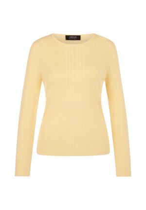 Light yellow ribbed long-sleeve sweater with crew neck and subtle vertical knit pattern, tag label inside neckline.