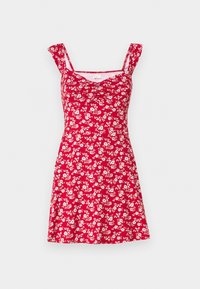 Punainen kukallinen mekko, jossa on istuva yläosa ja leveähelmainen hame. Sisältää ohuet olkaimet ja rypytetyn kaula-aukon. Valkoinen kukkakuosi koko mekossa.