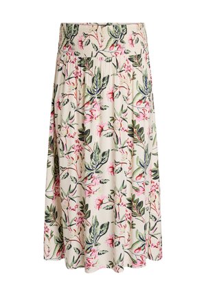 Krémová sukně po kolena se širokým elastickým pasem, s potiskem zelených listů a růžových květin, z jemného splývavého materiálu se subtilním řasením.
