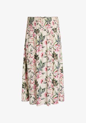 Kremna krilo do kolen z širokim elastičnim pasom, z zelenimi listi in rožnatim cvetličnim vzorcem, lahkotnim materialom ter subtilnimi naborki.