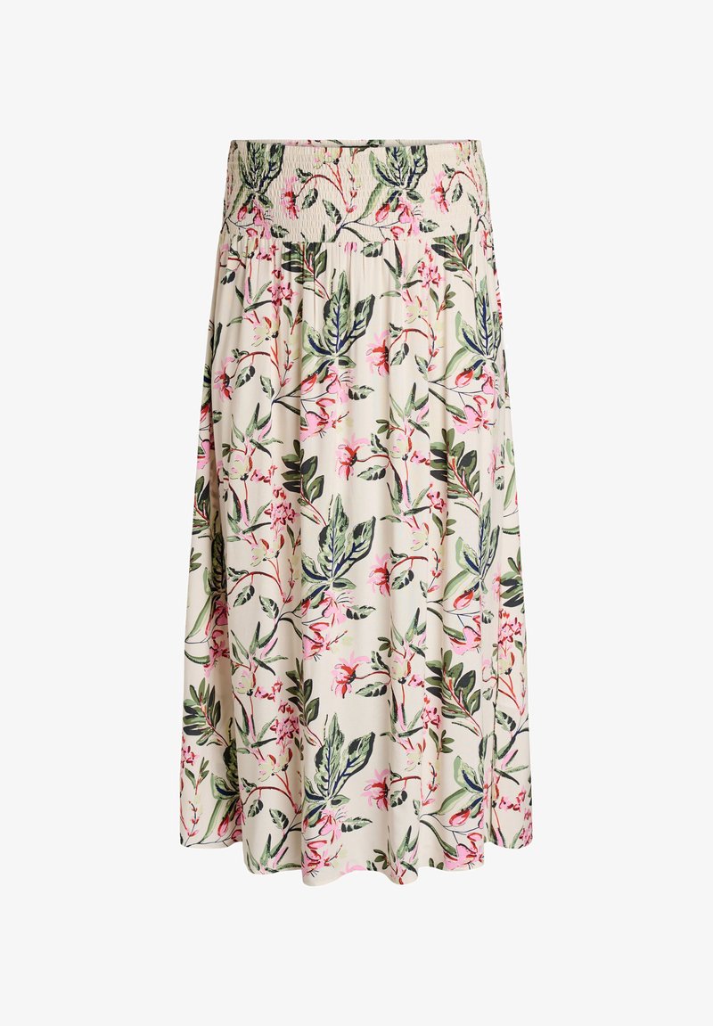 Krémová sukňa po kolená so širokým elastickým pásom, zdobená potlačou zelených listov a ružových kvetov, z priedušnej látky a s jemnými záhybmi.